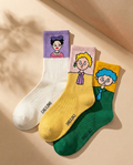 Streetwear Cartoon Character Socks – 3 Pair Pack (White, Yellow, Green)