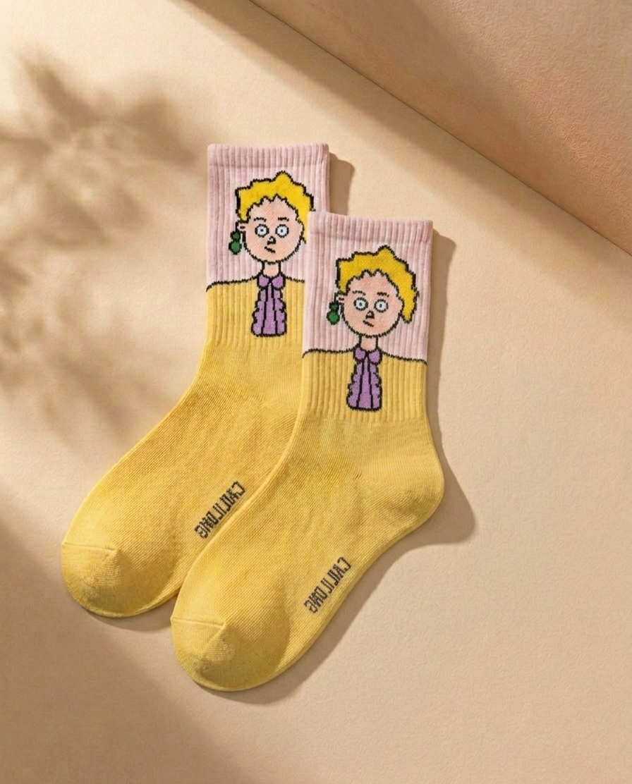 Streetwear Cartoon Character Socks – 3 Pair Pack (White, Yellow, Green)