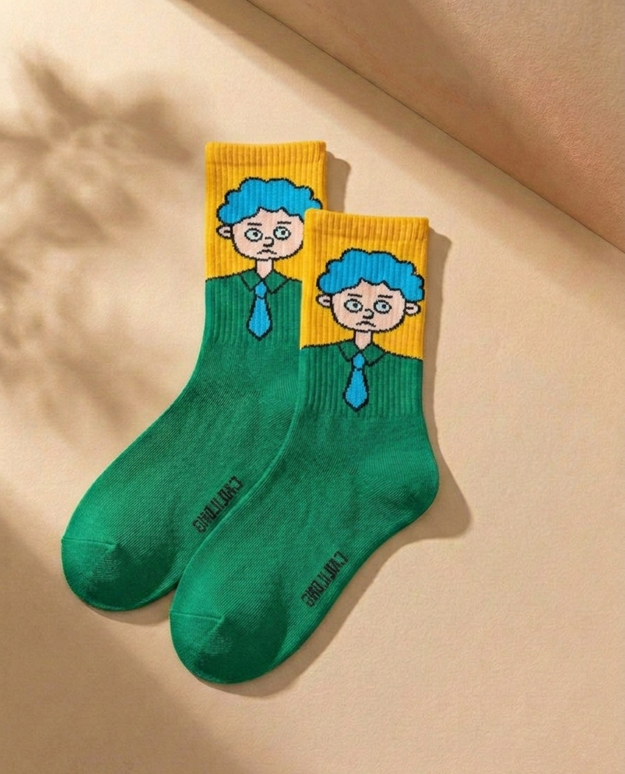 Streetwear Cartoon Character Socks – 3 Pair Pack (White, Yellow, Green)
