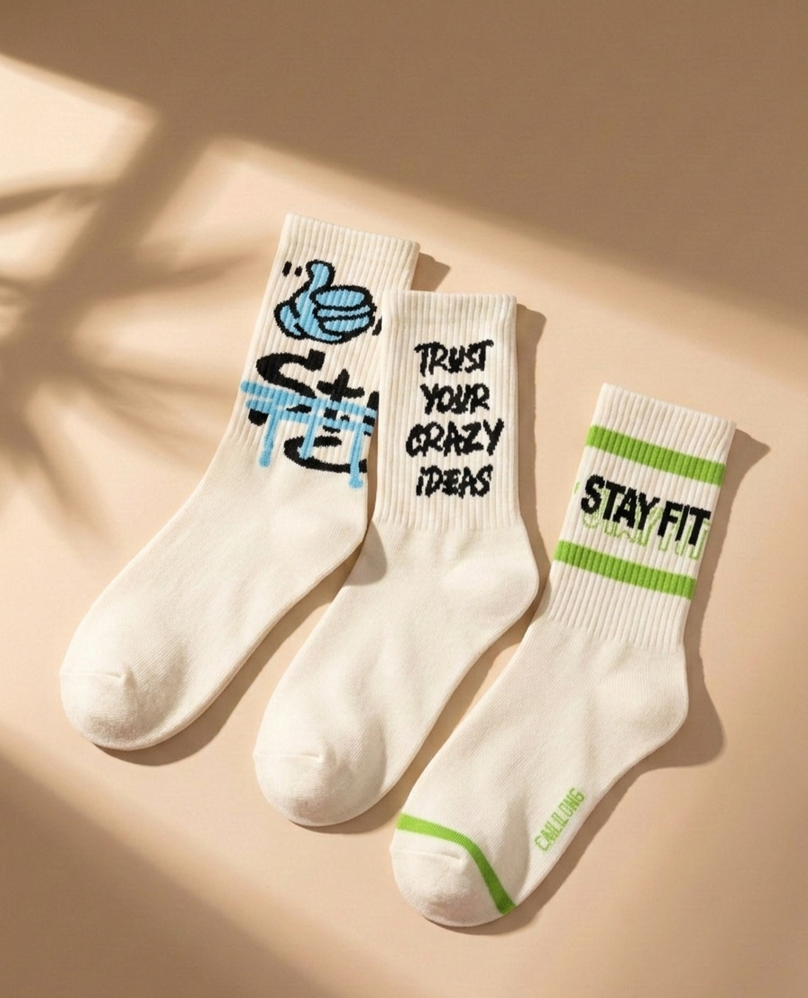 Streetwear Graphic Crew Socks Combo (3 Pairs) – “Trust Your Crazy Ideas” Cotton Socks