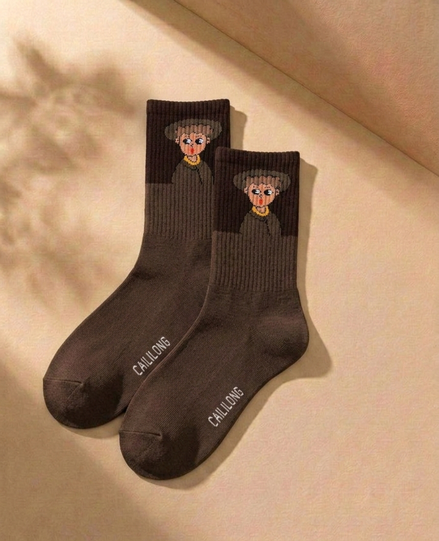 Streetwear Artistic Crew Socks Combo (3 Pairs) – Abstract Character Graphic Cotton Socks