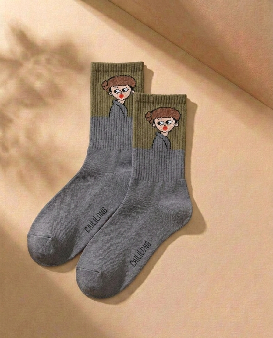 Streetwear Artistic Crew Socks Combo (3 Pairs) – Abstract Character Graphic Cotton Socks