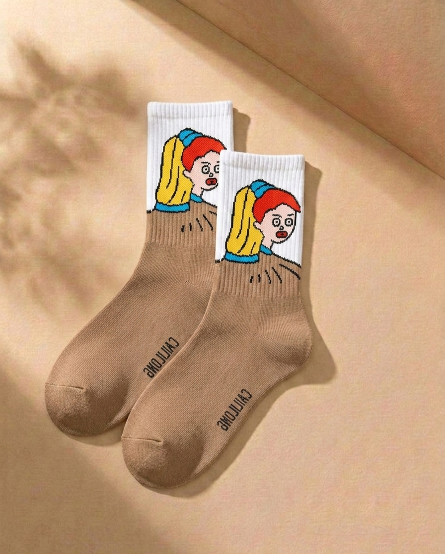 Streetwear Artistic Crew Socks Combo (3 Pairs) – Abstract Character Graphic Cotton Socks