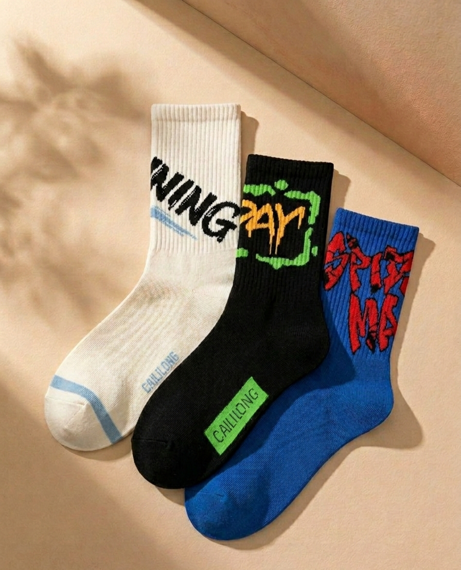 Streetwear Graffiti Crew Socks Combo (3 Pairs) – Bold Graphic Cotton Socks