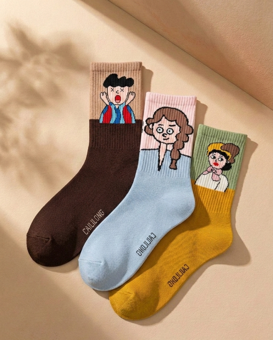 Streetwear Cartoon Character Crew Socks Combo (3 Pairs) – Artistic Graphic Cotton Socks