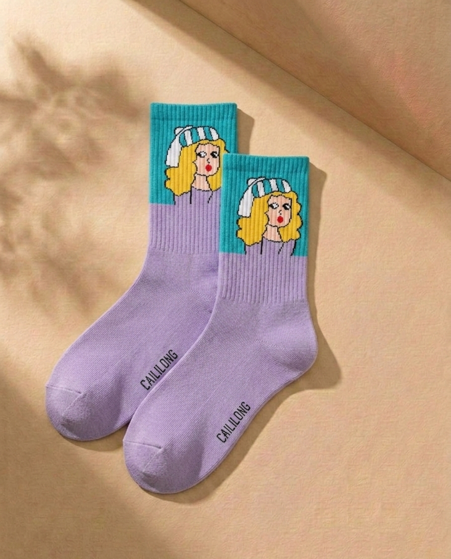 Illustrated Girl Crew Socks — 3-Pack | Retro Art Streetwear Socks