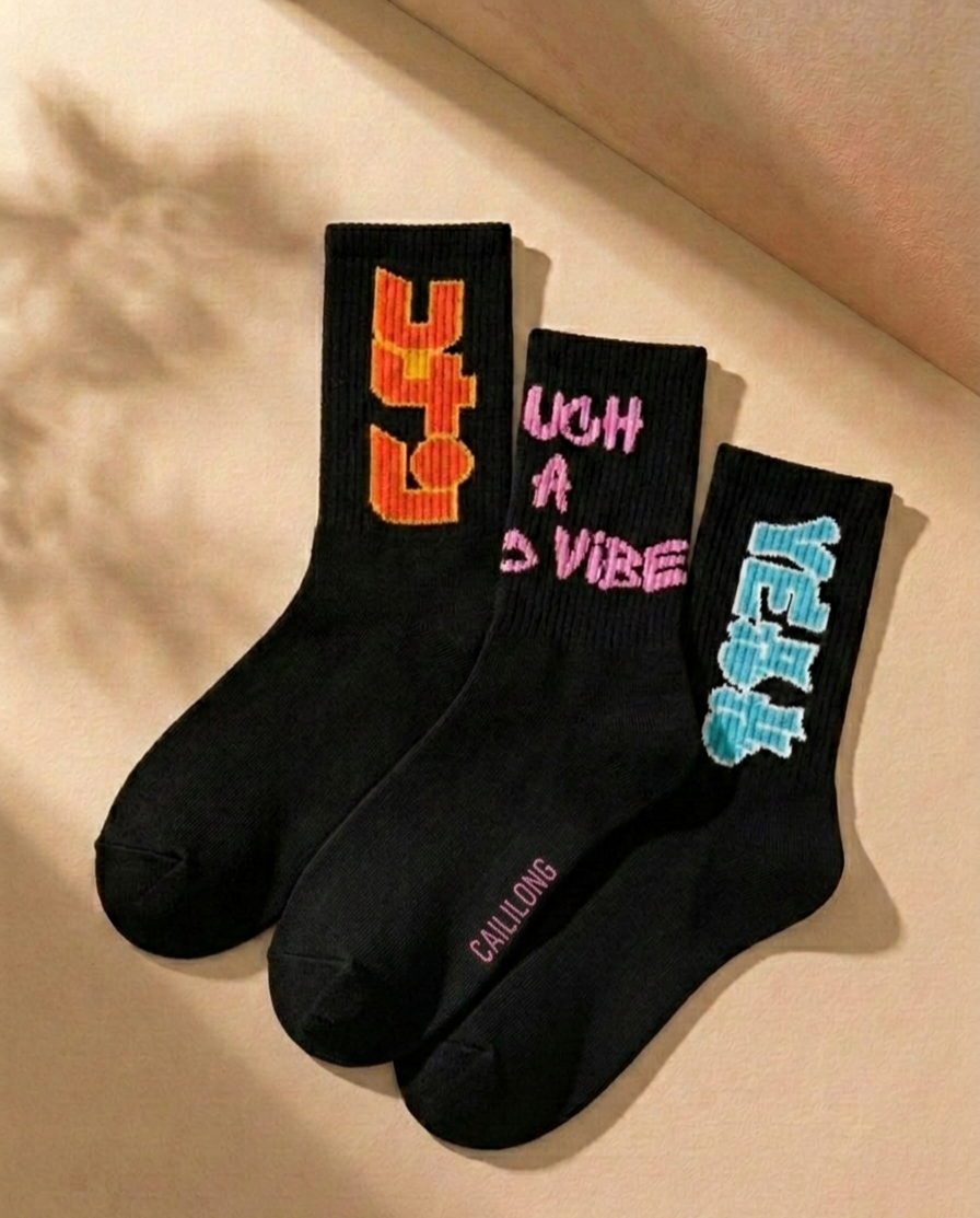 Graffiti Slogan Crew Socks — 3-Pack | Bold Streetwear Statement