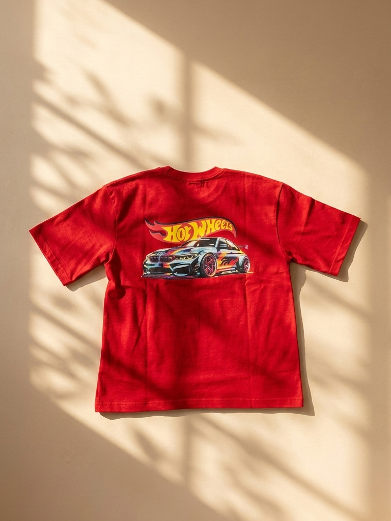 Flame Hot Wheels Logo Streetwear Tee – Red Graphic Oversized T-Shirt