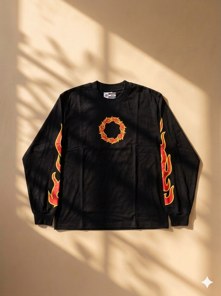 Streetwear Flame Graphic Full Sleeve T-Shirt – Oversized Black Long Sleeve Tee