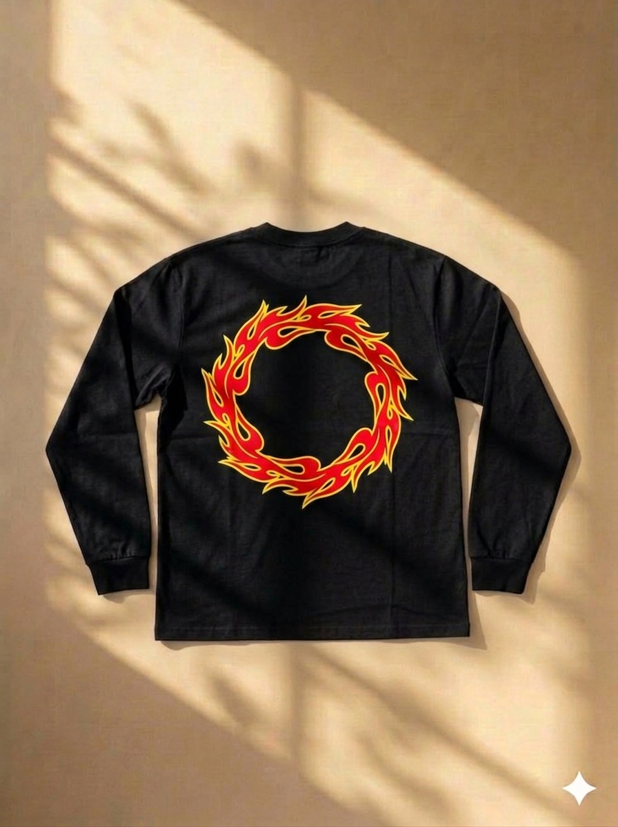 Streetwear Flame Graphic Full Sleeve T-Shirt – Oversized Black Long Sleeve Tee