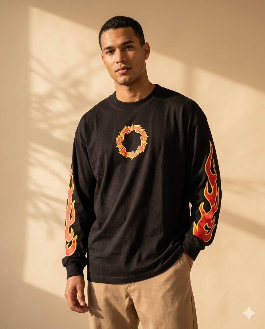 Streetwear Flame Graphic Full Sleeve T-Shirt – Oversized Black Long Sleeve Tee