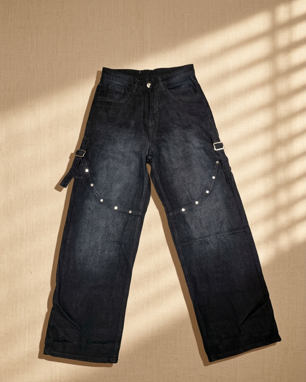 Washed Black Rivet Cargo Jeans  – Heavy Street Edition