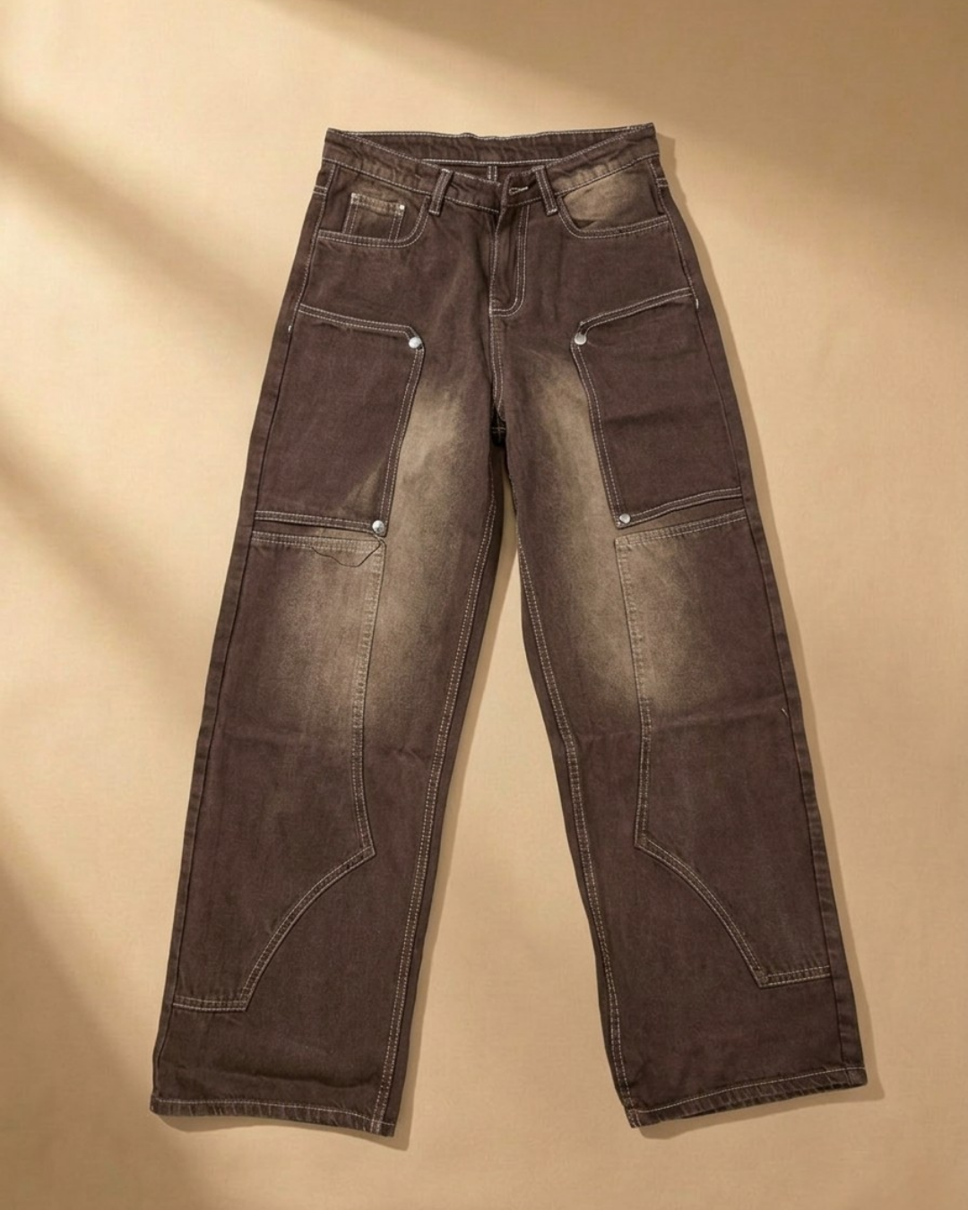 Vintage Washed Utility Panel Jeans – Brown Baggy Carpenter Pants