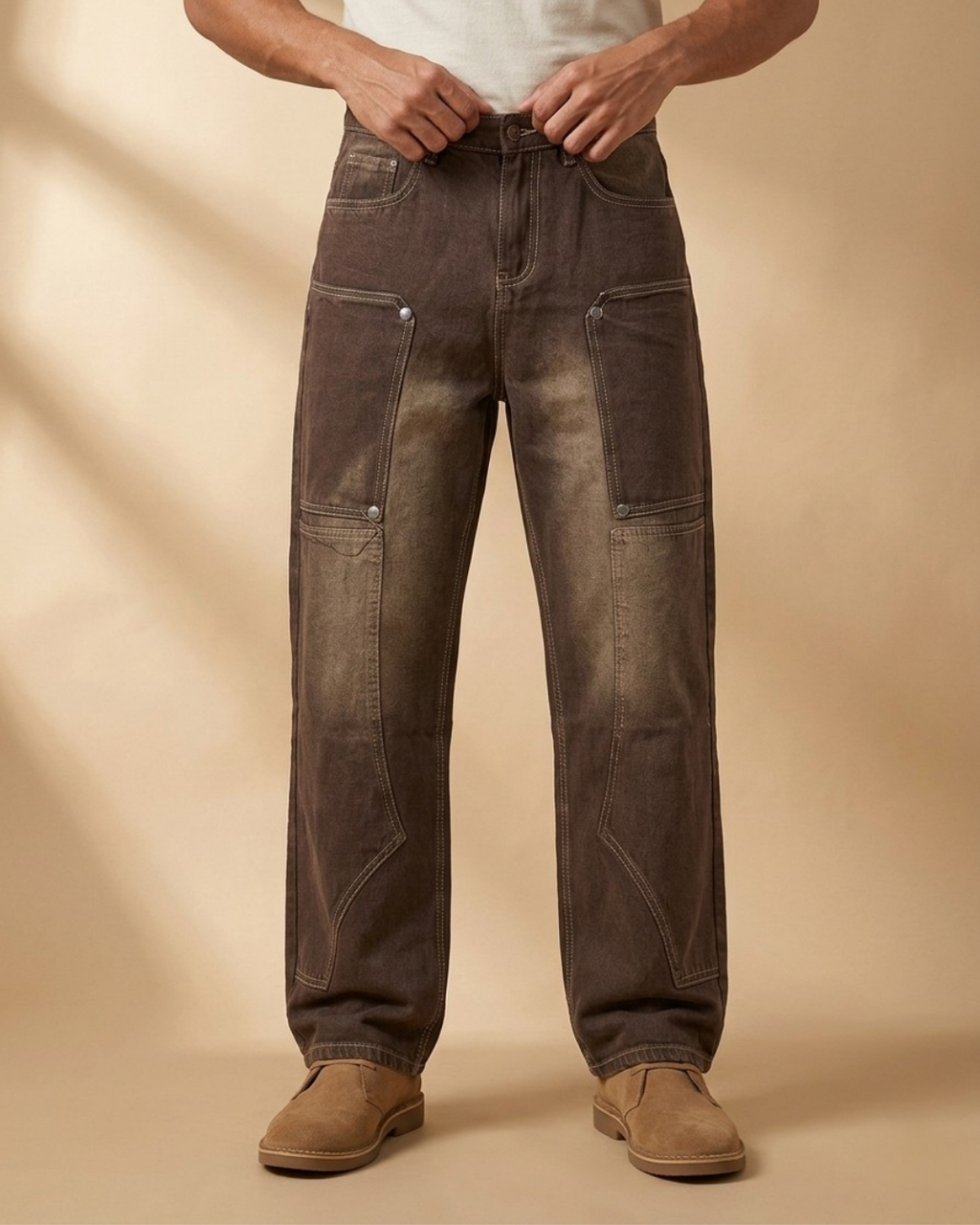 Vintage Washed Utility Panel Jeans – Brown Baggy Carpenter Pants