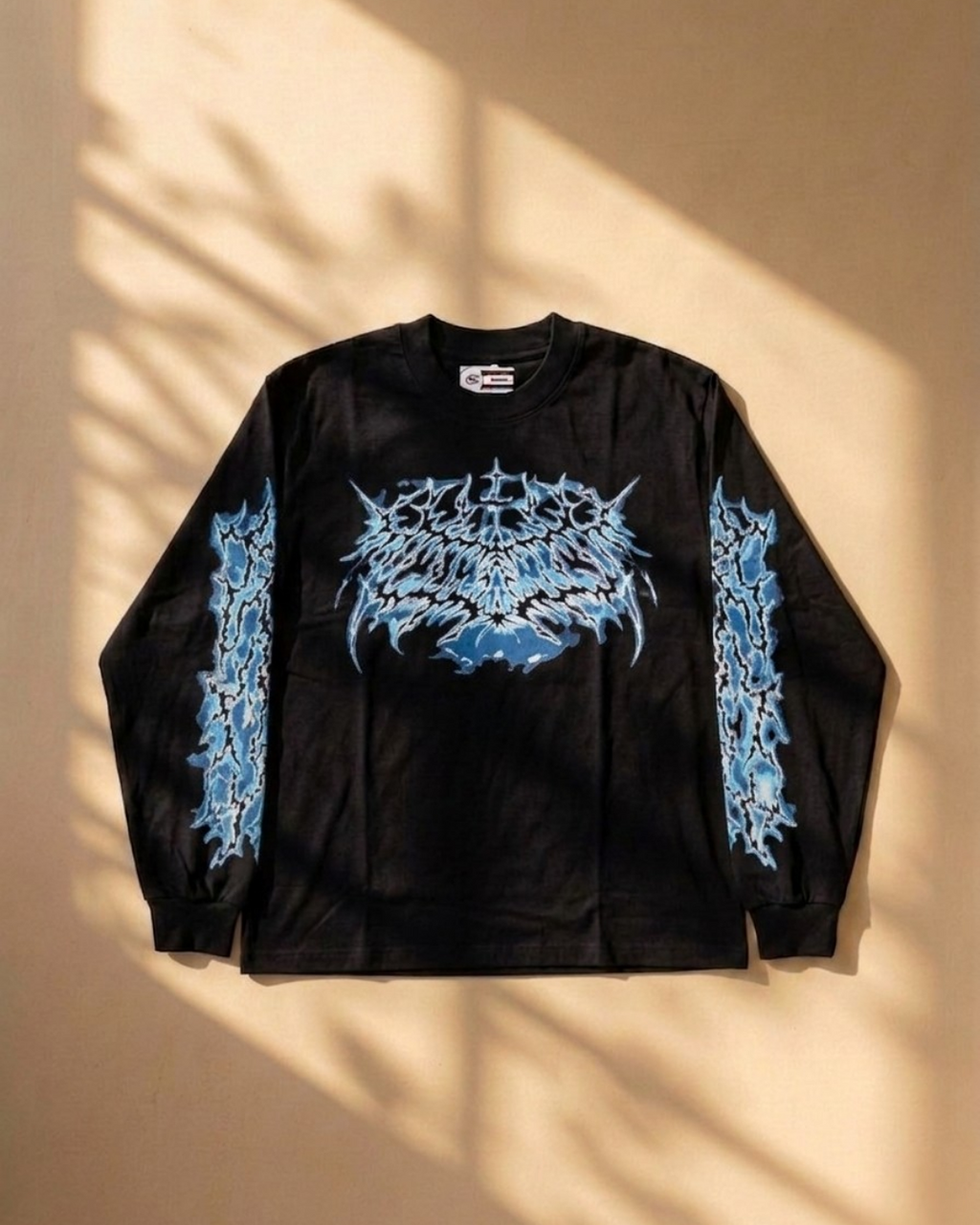 Streetwear Ice Flame Graphic Full Sleeve T-Shirt – Oversized Black Long Sleeve Tee
