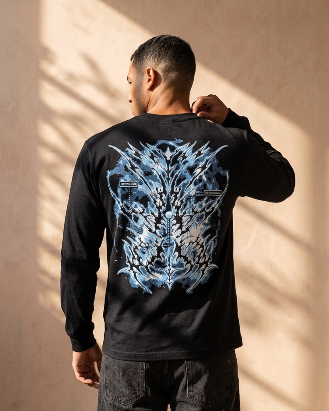 Streetwear Ice Flame Graphic Full Sleeve T-Shirt – Oversized Black Long Sleeve Tee