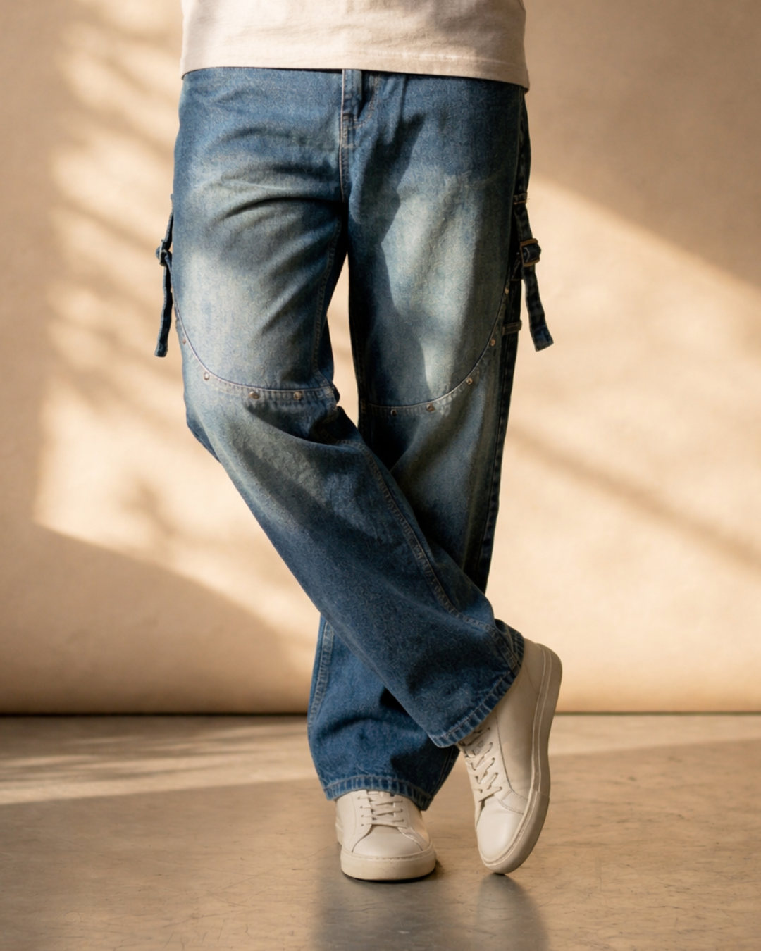Vintage Blue Rivet Cargo Jeans – Heavy Street Edition