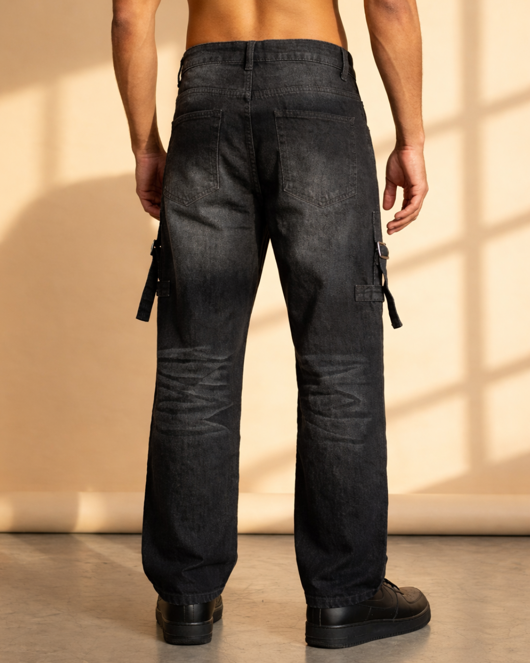 Washed Black Rivet Cargo Jeans  – Heavy Street Edition
