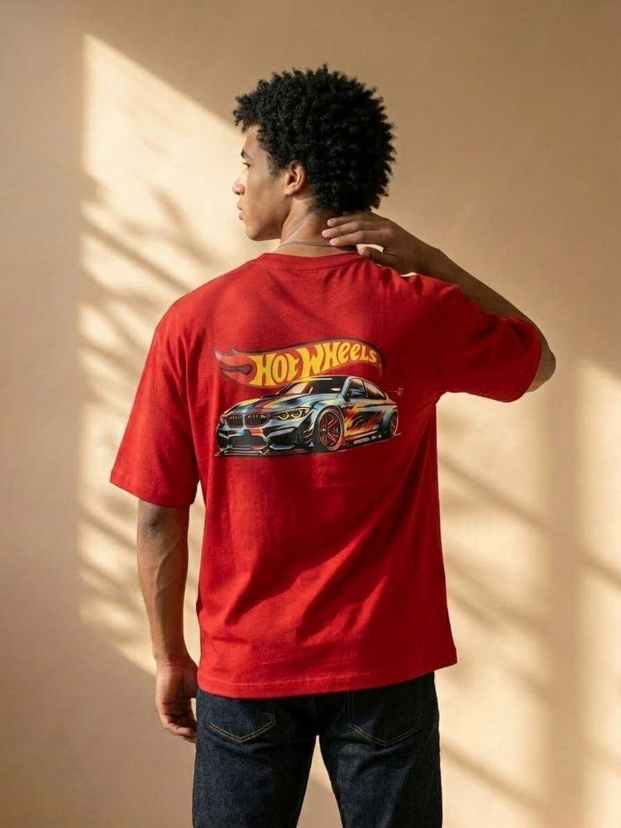 Flame Hot Wheels Logo Streetwear Tee – Red Graphic Oversized T-Shirt