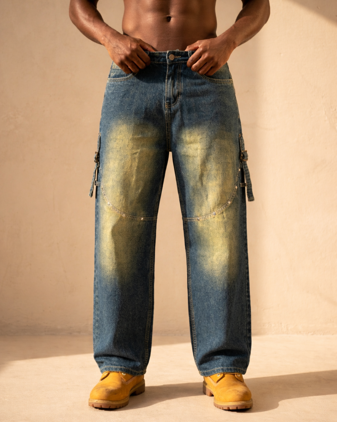 Dirty Wash Tinted Rivet Cargo Jeans – Heavy Street Edition