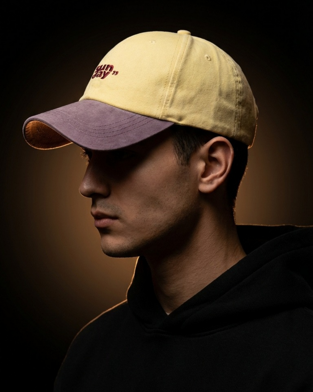 Two-Tone Streetwear Dad Cap – “Sun Day” Embroidered Yellow & Brown Hat