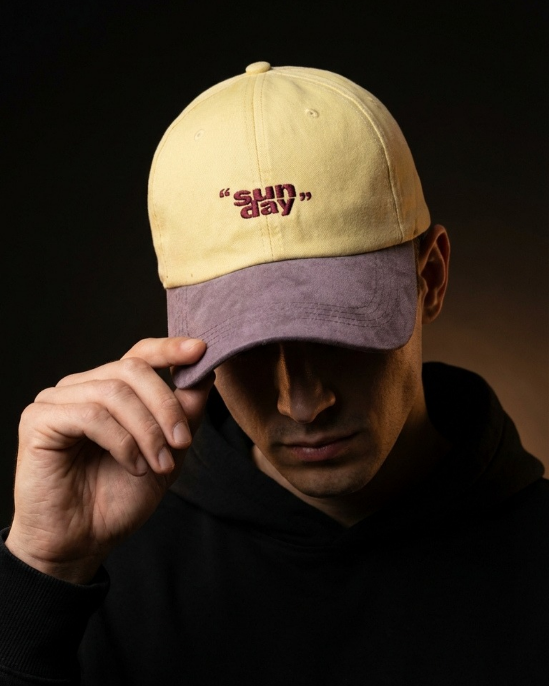 Two-Tone Streetwear Dad Cap – “Sun Day” Embroidered Yellow & Brown Hat