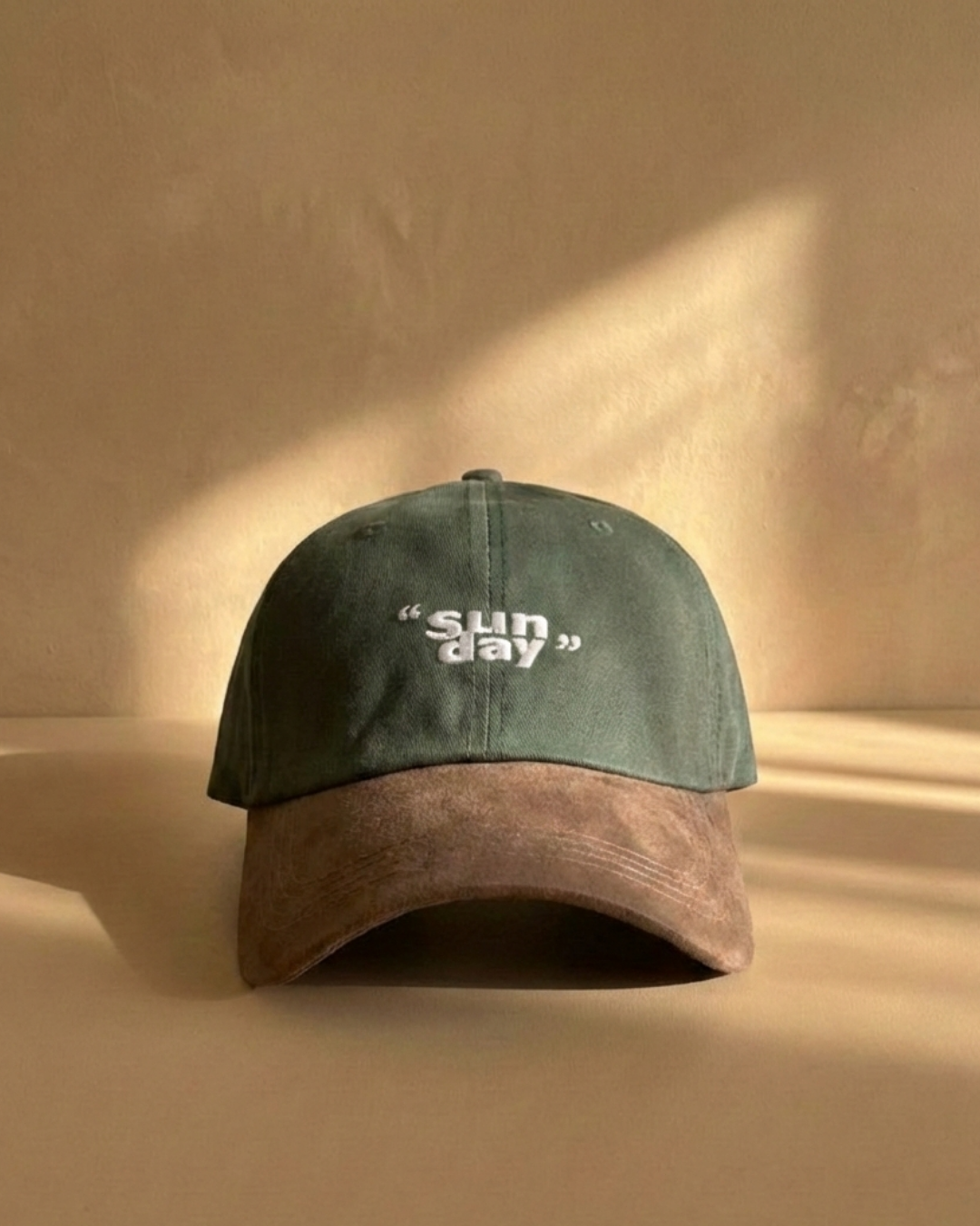 Two-Tone Streetwear Dad Cap –   Green & Brown Distressed “Sun Day” Embroidered Hat