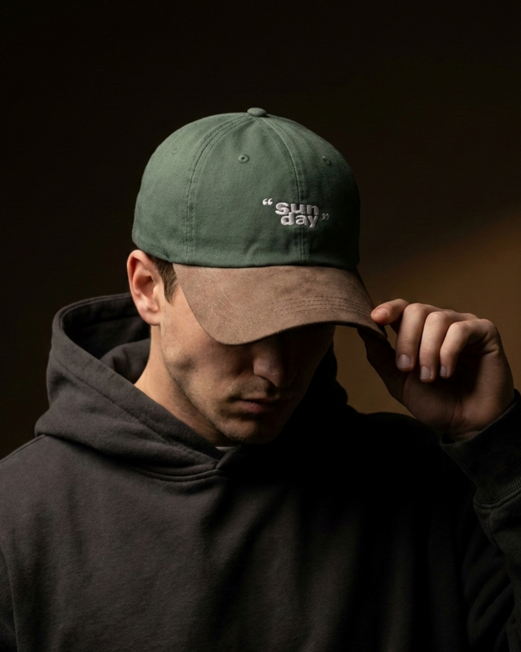 Two-Tone Streetwear Dad Cap –   Green & Brown Distressed “Sun Day” Embroidered Hat