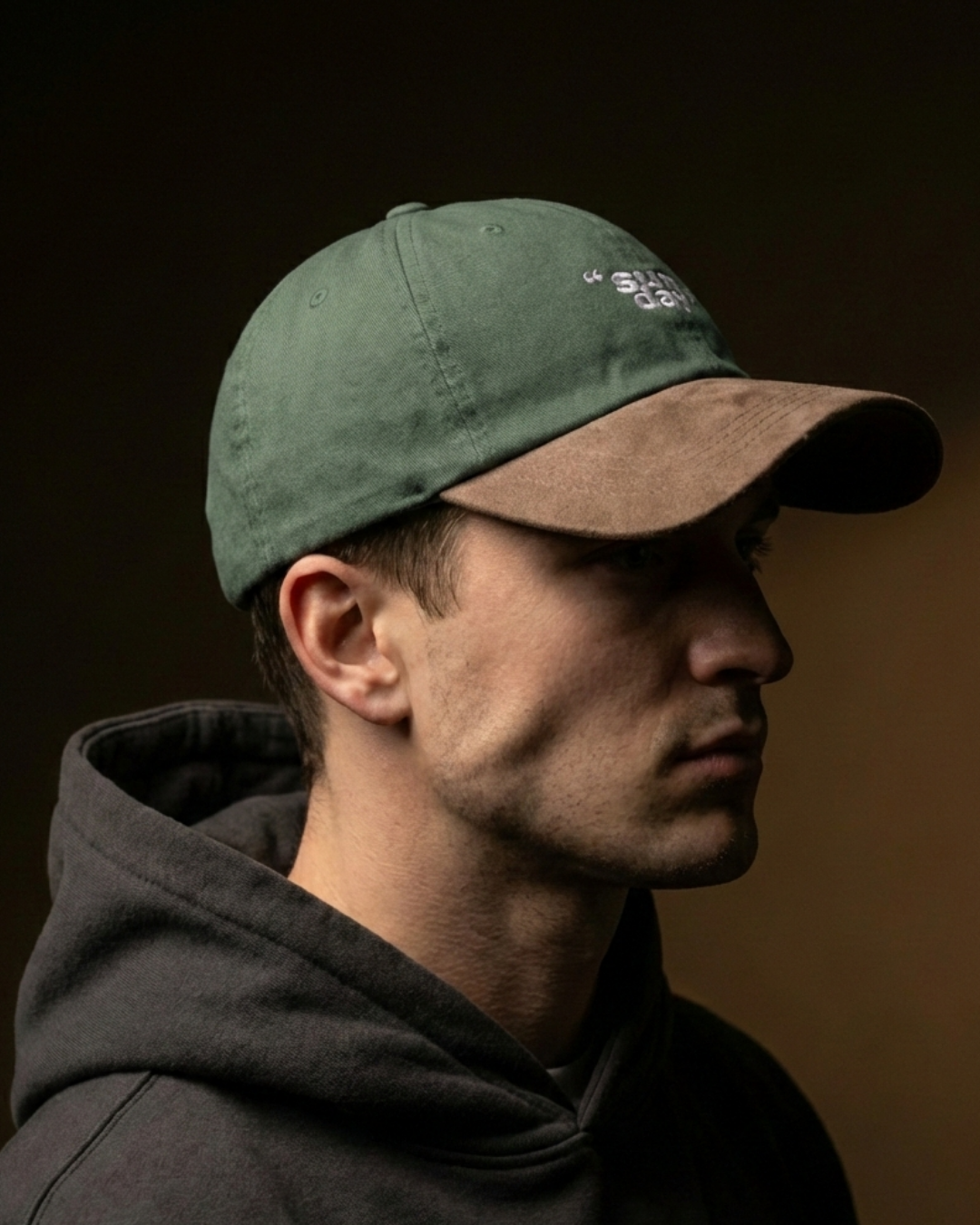 Two-Tone Streetwear Dad Cap –   Green & Brown Distressed “Sun Day” Embroidered Hat