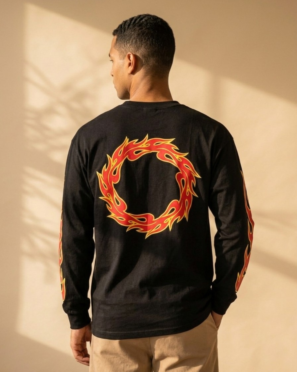 Streetwear Flame Graphic Full Sleeve T-Shirt – Oversized Black Long Sleeve Tee