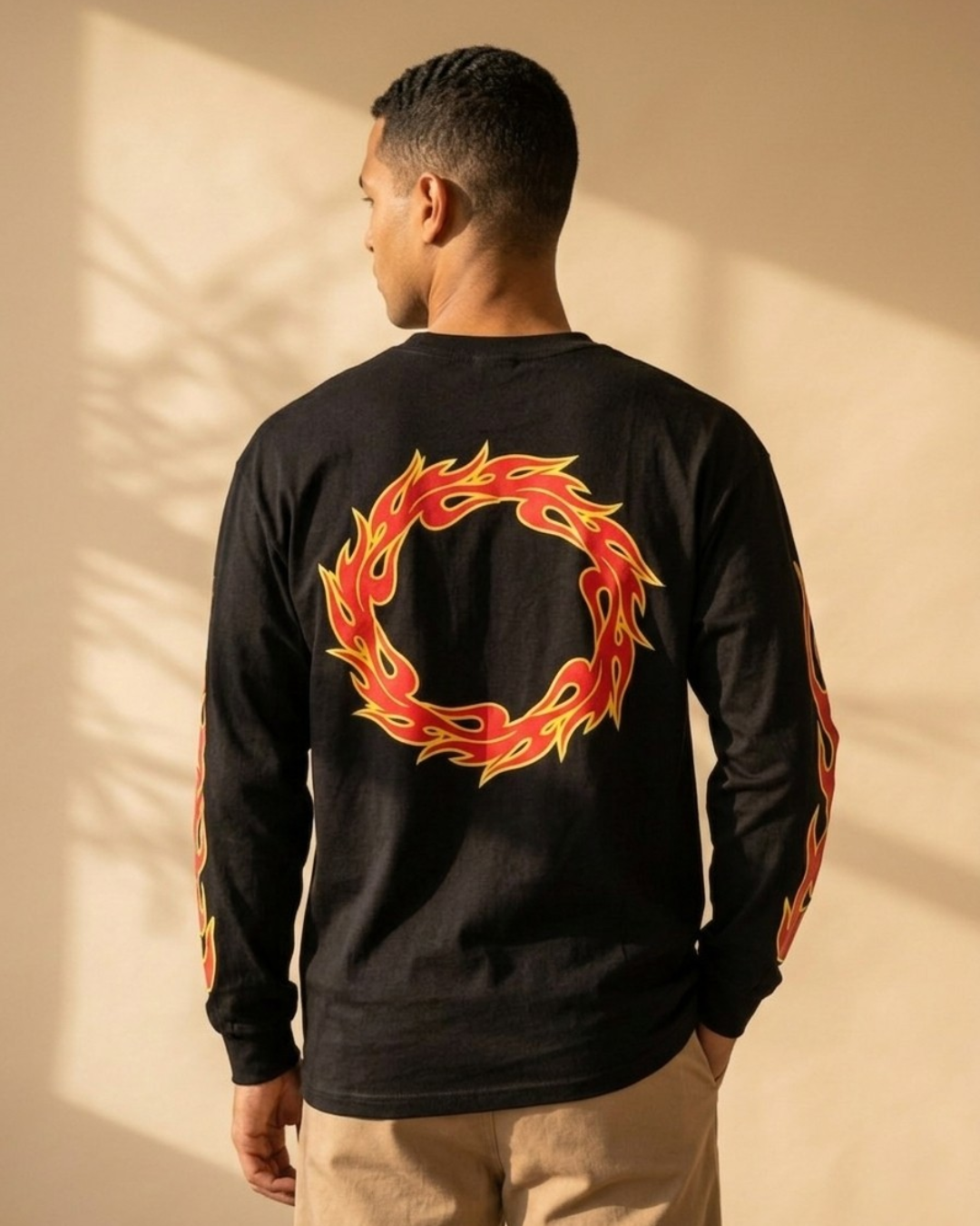 Streetwear Flame Graphic Full Sleeve T-Shirt – Oversized Black Long Sleeve Tee